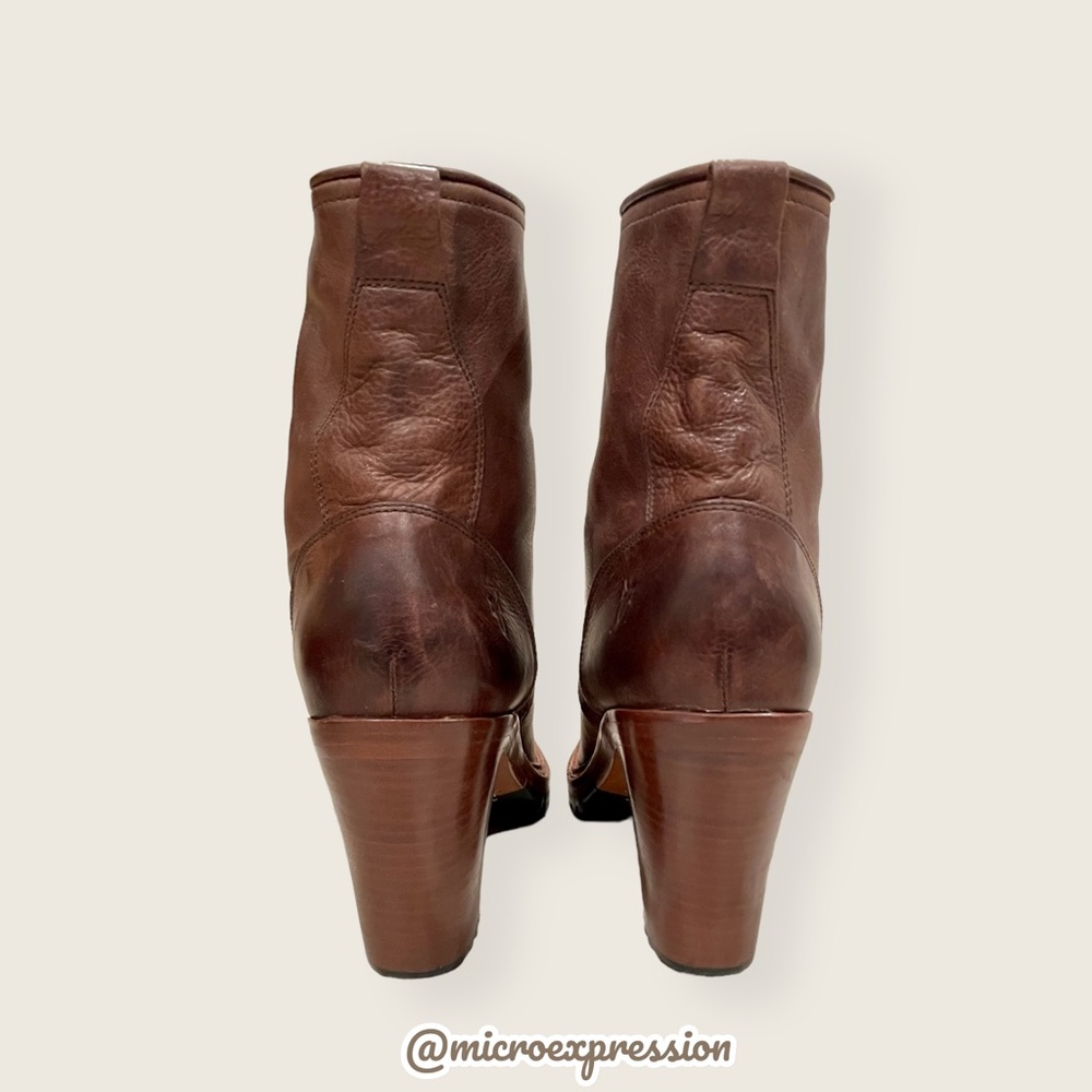 $498 Frye Lucy Vintage Lace-Up Distressed Cognac Brown Leather Heeled Ankle Boot - Picture 9 of 11